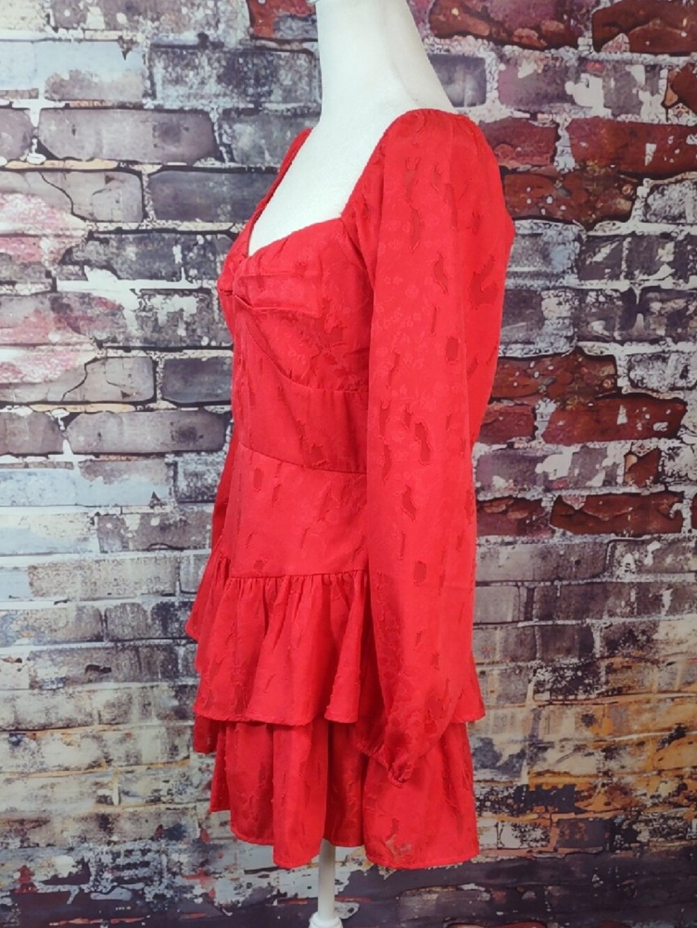 Francesca's Collections Red Long-Sleeve Ruffle Mini Dress - Picture 2 of 12